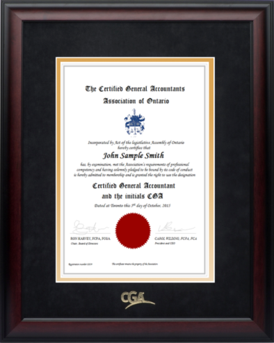 Satin mahogany frame with black velvet and gold double mat board for VERTICAL CGA Ontario designation